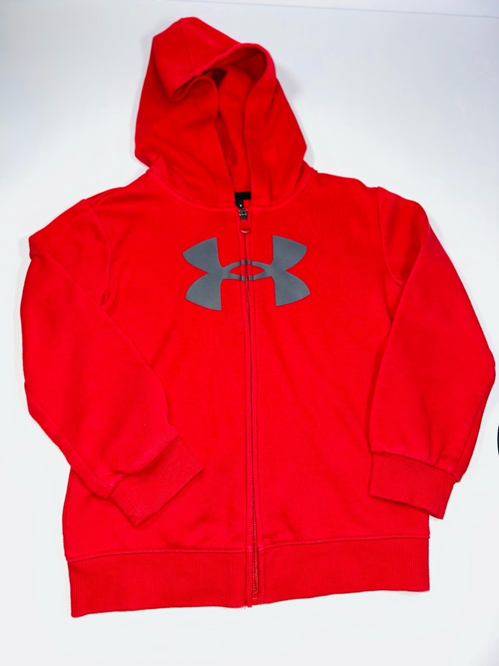 Under Armour Boys Red Full Zip Hoodie Youth Size 7 Big Logo Fleece Jacket